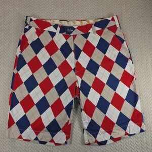 Loudmouth Golf Mens Argyle Shorts Red White Blue Khaki Cotton Stretch Size 36